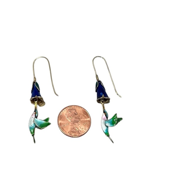 VINTAGE HUMMINGBIRD AND FLOWER Enameled 3D Dangle Drop Earrings - Picture 3 of 14